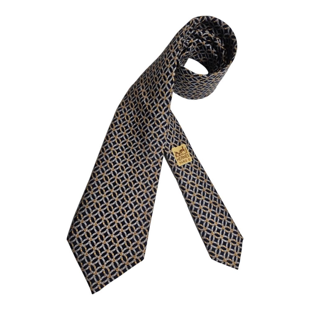 HERMÈS 7044 TA Navy Interlocking Belts Silk LUXURY Tie FRANCE